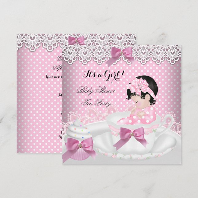 Baby Shower Flicka Rosa Baby Tekopps Cupcake 2 Inbjudningar (Fram/baksida)