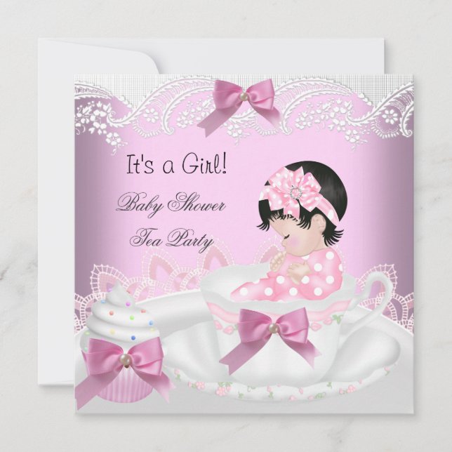 Baby Shower Flicka Rosa Baby Tekopps Cupcake 2 Inbjudningar (Framsida)