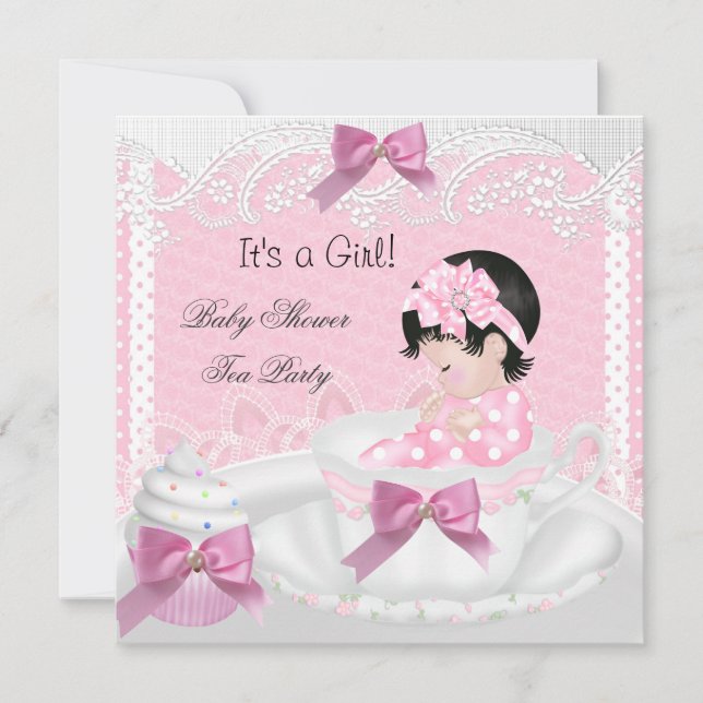Baby Shower Flicka Rosa Baby Tekopps Cupcake 34 Inbjudningar (Framsida)