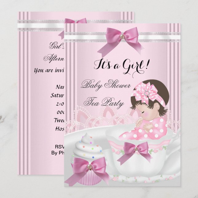 Baby Shower Flicka Rosa Baby Tekopps Cupcake 4b Inbjudningar (Fram/baksida)