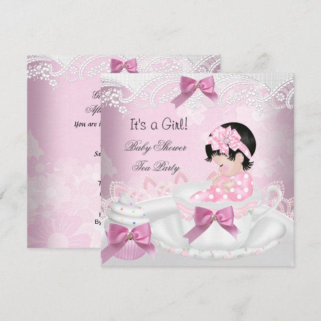 Baby Shower Flicka Rosa Baby Tekopps Cupcake Inbjudningar (Fram/baksida)
