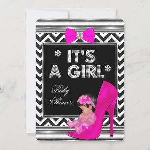 Baby Shower Flicka Rosa Babysko Chevron Inbjudningar