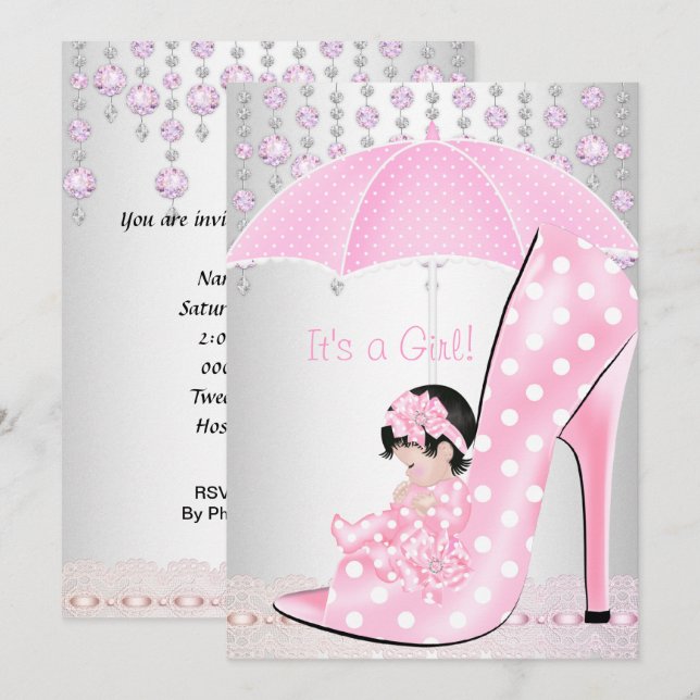 Baby Shower Flicka Rosa Babysko Diamant 2 Inbjudningar (Fram/baksida)