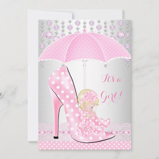 Baby Shower Flicka Rosa Babysko Diamant A2 Inbjudningar (Framsida)