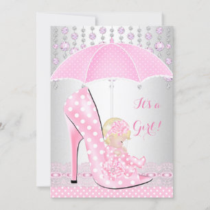 Baby Shower Flicka Rosa Babysko Diamant A2 Inbjudningar