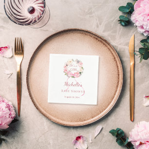 Baby Shower flicka rosa blommig krans Pappersservett