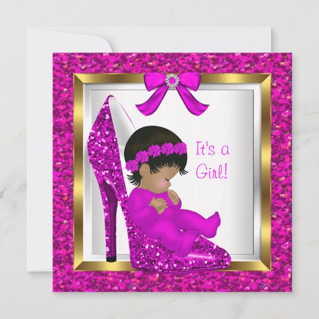 Baby Shower Flicka Rosa Glitter Baby i sko Inbjudningar (Framsida)