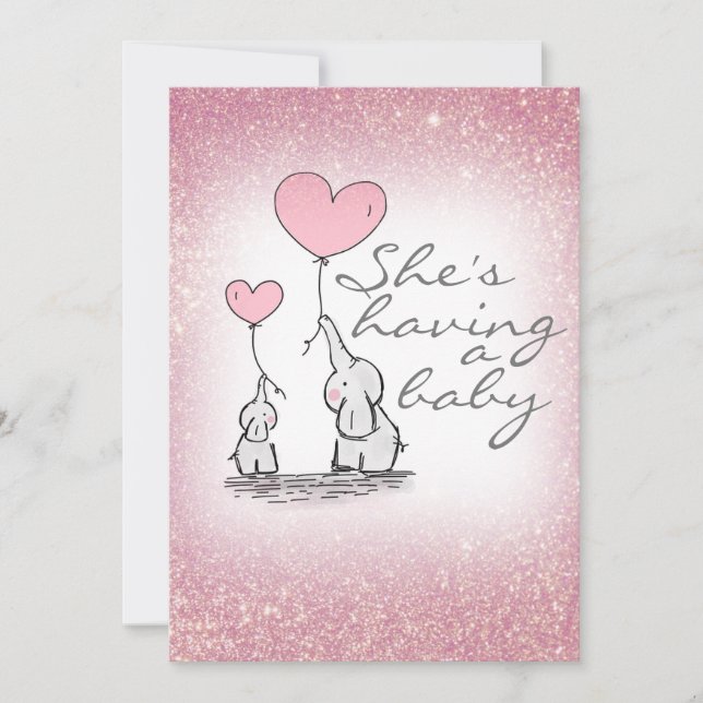 Baby Shower Flicka Rosa Glitter Elefanter Inbjudningar (Framsida)
