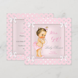 Baby Shower Flicka Rosa Grå Pärla Brunett Inbjudningar