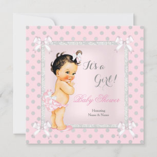 Baby Shower Flicka Rosa Grå Prickar Brunett Inbjudningar