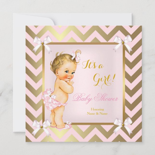 Baby Shower Flicka Rosa Guld Chevron Blond Inbjudningar (Framsida)