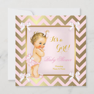 Baby Shower Flicka Rosa Guld Chevron Blond Inbjudningar