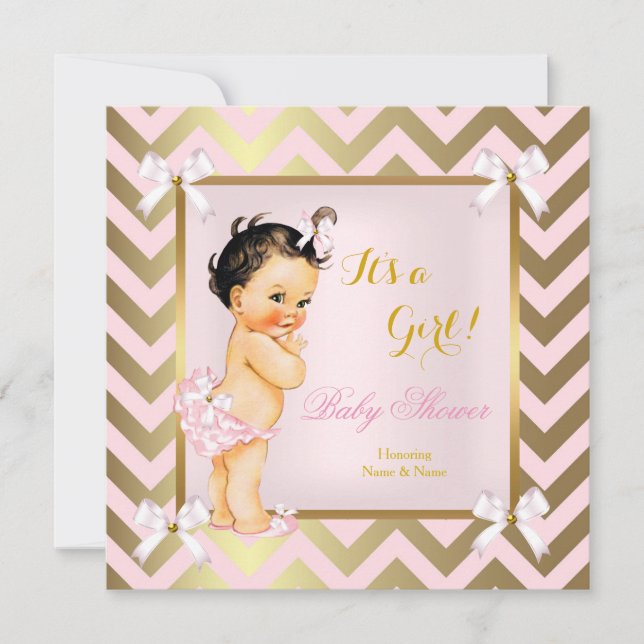 Baby Shower Flicka Rosa Guld Chevron Brunett Inbjudningar (Framsida)