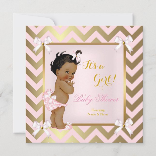 Baby Shower Flicka Rosa Guld Chevron Etnisk Inbjudningar (Framsida)
