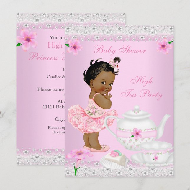 Baby Shower Flicka Rosa High Tea Party Etnisk Inbjudningar (Fram/baksida)