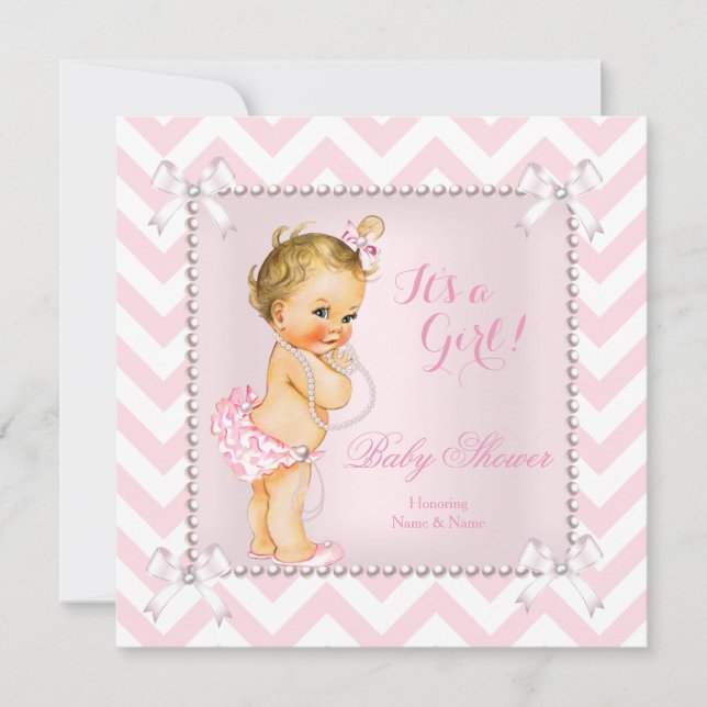 Baby Shower Flicka Rosa Pärl Vit Chevron Blond Inbjudningar (Framsida)
