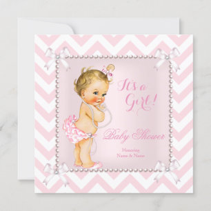 Baby Shower Flicka Rosa Pärl Vit Chevron Blond Inbjudningar