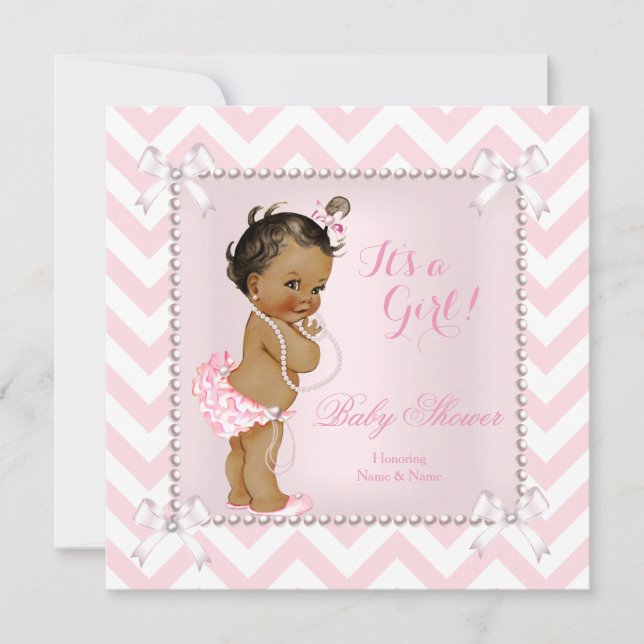 Baby Shower Flicka Rosa Pärl Vit Chevron Etnisk Inbjudningar (Framsida)