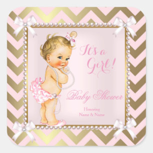 Baby Shower Flicka Rosa Pärla Guld Chevron Blond Fyrkantigt Klistermärke