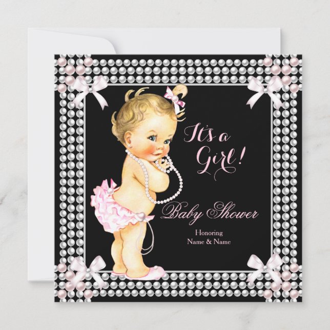 Baby Shower Flicka Rosa Pärlor Svart Blond Inbjudningar (Framsida)
