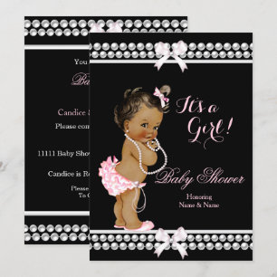 Baby Shower Flicka Rosa Pärlor Svart Etnisk Inbjudningar