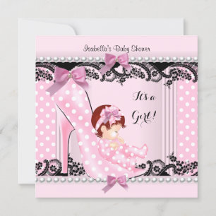 Baby Shower Flicka Rosa Prickar Högt Klacksko 3 Inbjudningar