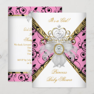 Baby Shower Flicka Rosa Prinsessa Damask Svart Inbjudningar