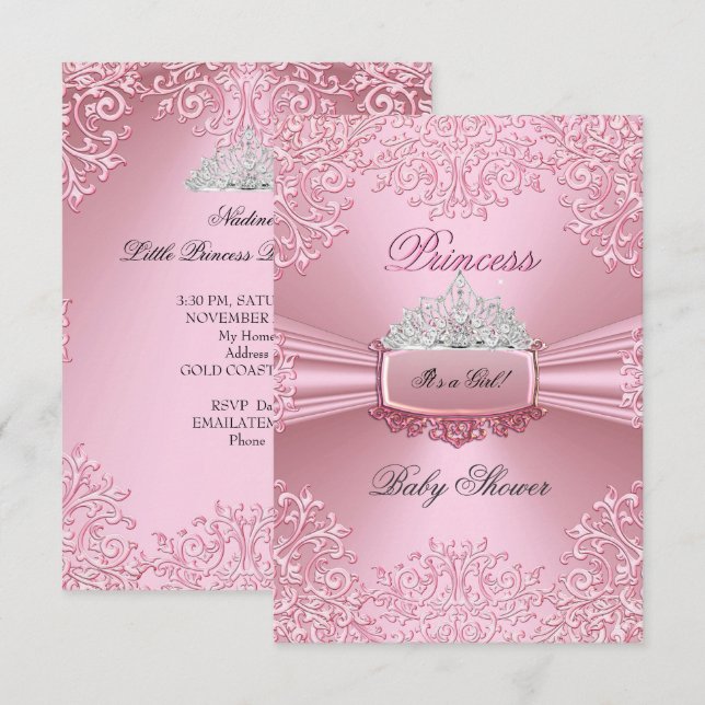 Baby Shower Flicka Rosa Prinsessa Tiara spets SML Inbjudningar (Fram/baksida)