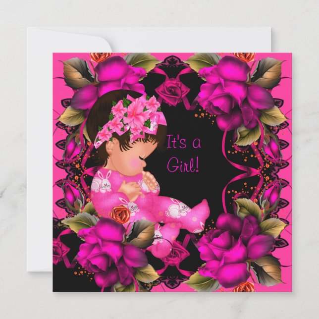 Baby Shower Flicka Rosa Ros Blommor 2 Inbjudningar (Framsida)