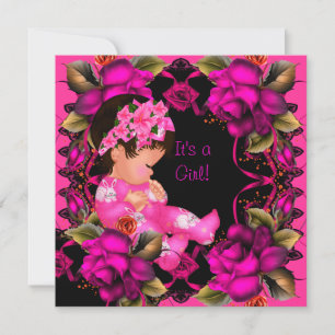 Baby Shower Flicka Rosa Ros Blommor 2 Inbjudningar