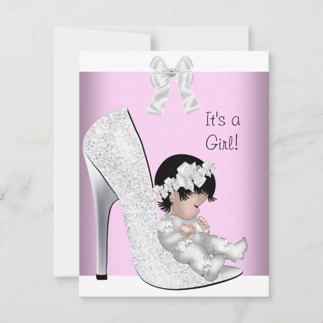 Baby Shower Flicka Rosa Silver Vitt Glitter Skor Inbjudningar (Framsida)