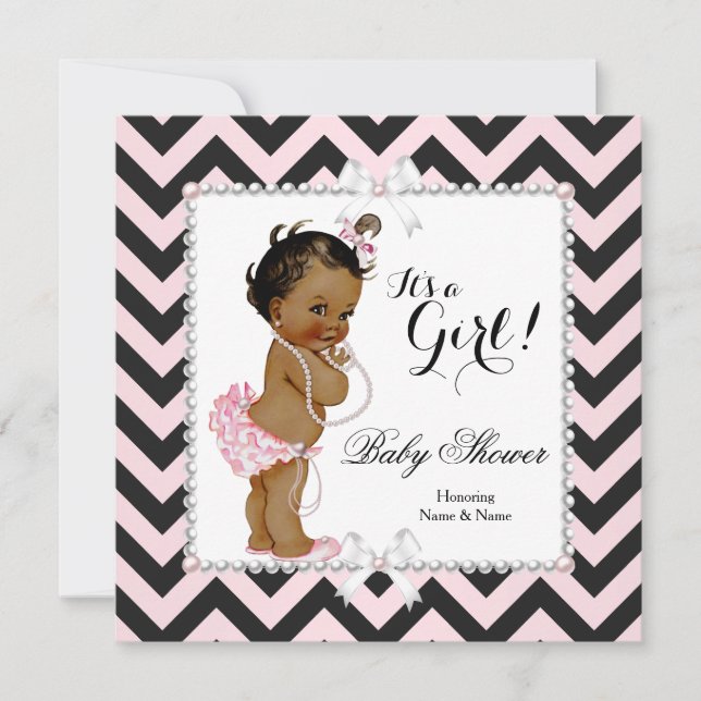 Baby Shower Flicka Rosa Svart Rand Vit Etnisk Inbjudningar (Framsida)