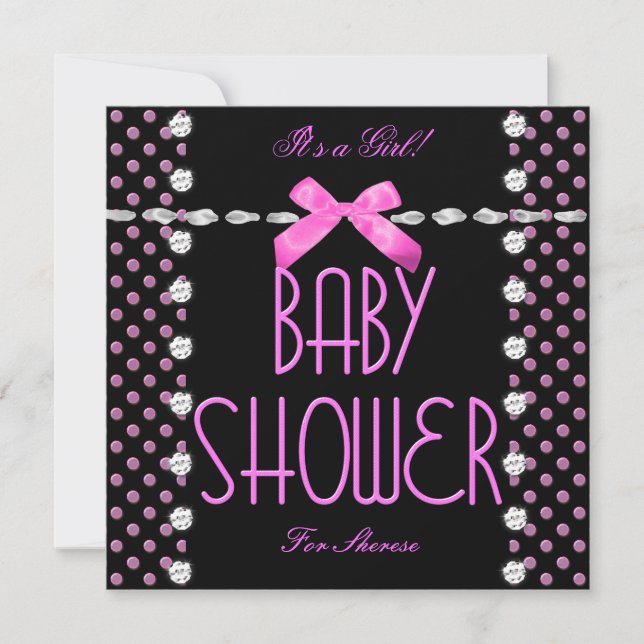 Baby Shower Flicka Rosa Svart Vit Prickig Inbjudningar (Framsida)
