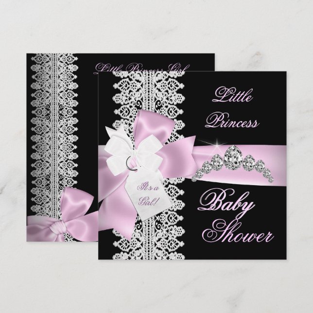 Baby Shower Flicka Rosa Svart Vit Spets Inbjudningar (Fram/baksida)