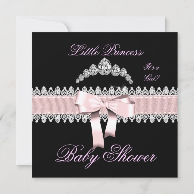 Baby Shower Flicka Rosa Svart Vit Spets Inbjudningar (Framsida)