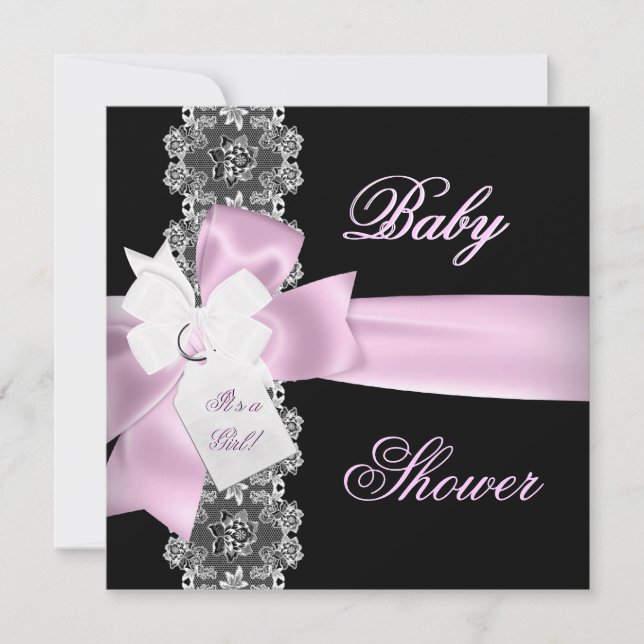 Baby Shower Flicka Rosa Svart Vit Spets Inbjudningar (Framsida)