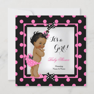 Baby Shower Flicka Rosa Svarta Prickar Etnisk Inbjudningar