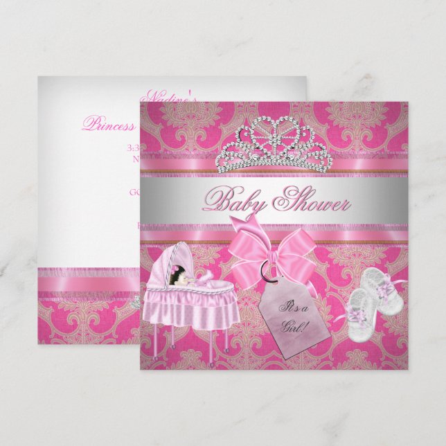 Baby Shower Flicka Rosa Vit Prinsessa Inbjudningar (Fram/baksida)