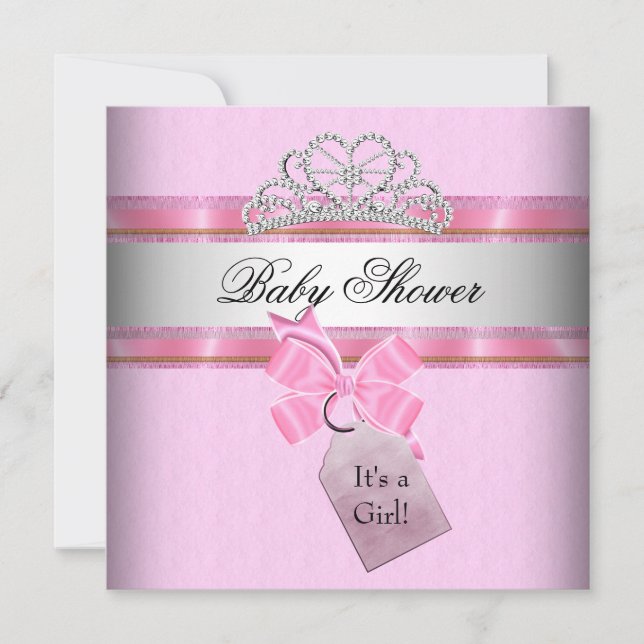 Baby Shower Flicka Rosa Vit Prinsessa Tiara Inbjudningar (Framsida)