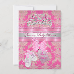Baby Shower Flicka Rosa Vit Prinsessa Tiara Stövle Inbjudningar