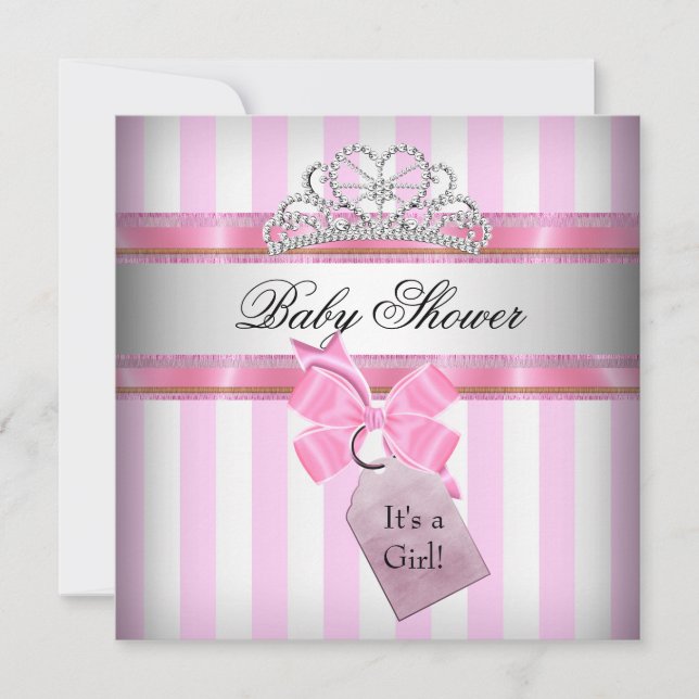 Baby Shower Flicka Rosa Vit Randig Prinsessa Inbjudningar (Framsida)