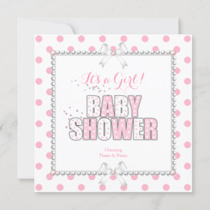 Baby Shower Flicka Rosa Vita Prickar Pärlor Inbjudningar