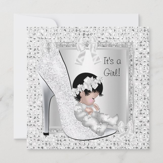 Baby Shower Flicka Silver Vit Glitter Skor Inbjudningar (Framsida)