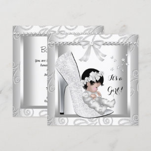 Baby Shower Flicka Silvergrå Vit Diamantsko Inbjudningar