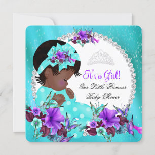 Baby Shower Flicka Teal Blå Lila Blommig Inbjudningar