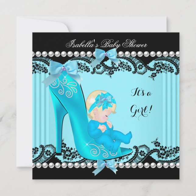 Baby Shower Flicka Teal Blå Skor Blond Inbjudningar (Framsida)