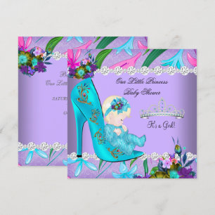 Baby Shower Flicka Teal Lila Blommig Skor Blondin Inbjudningar