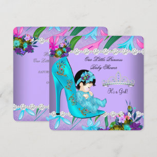 Baby Shower Flicka Teal Lila Blommig Skor Inbjudningar
