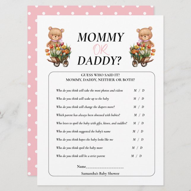 Baby Shower Flicka Teddy Mamma Pappa Blommig Rusti Inbjudningar (Fram/baksida)