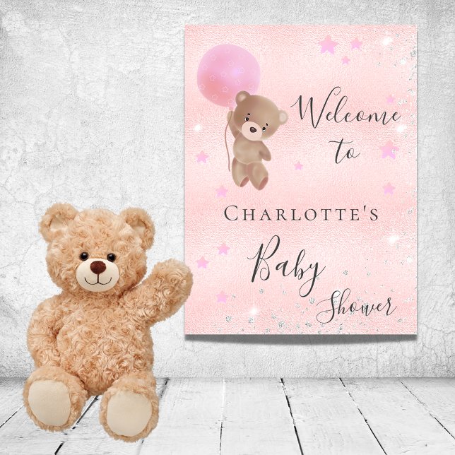 Baby shower flicka teddybjörn rosa silver välkomme poster (Skapare uppladdad)
